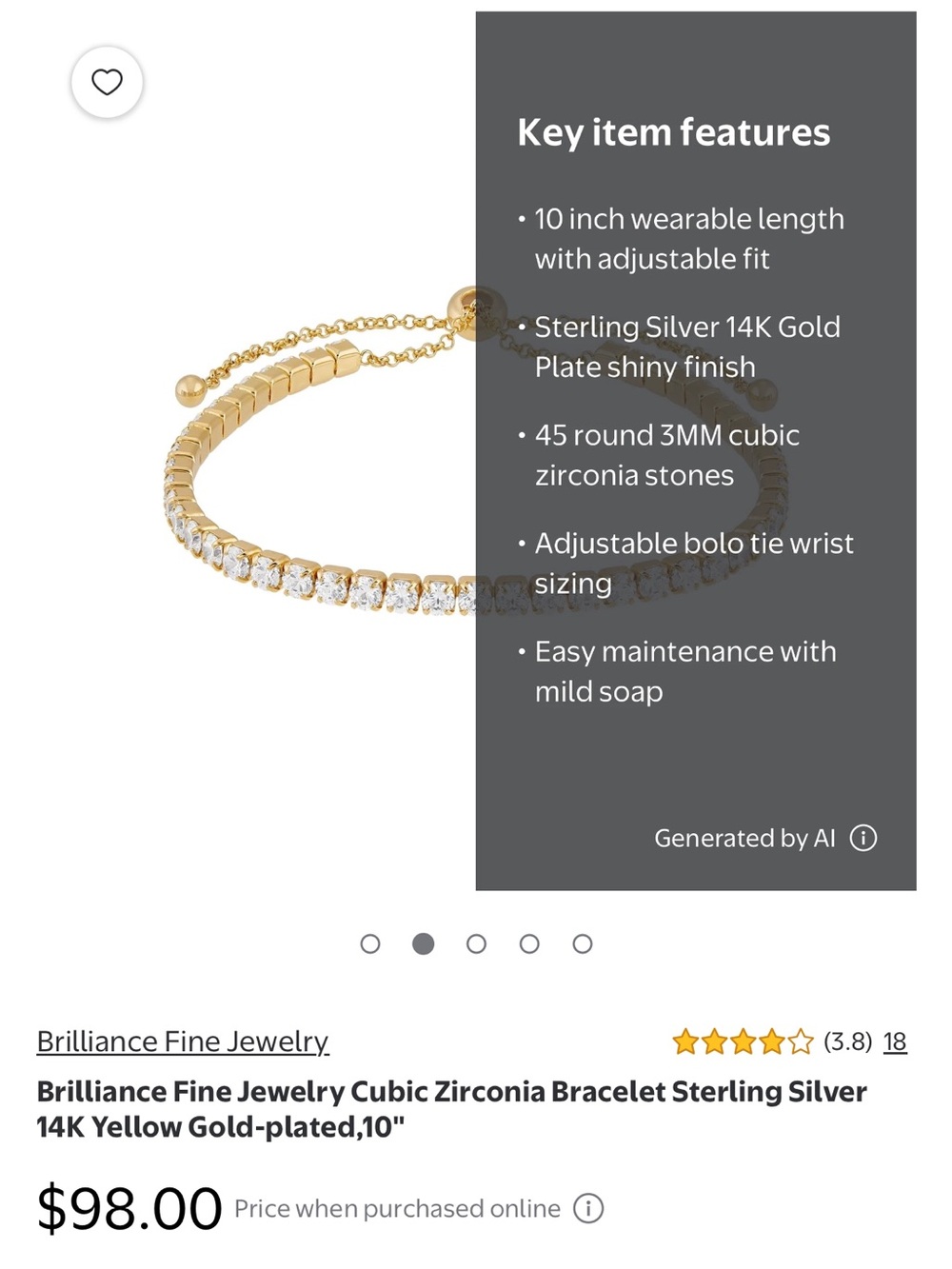 Gold Plated Cubic Zirconia Tennis Bracelet